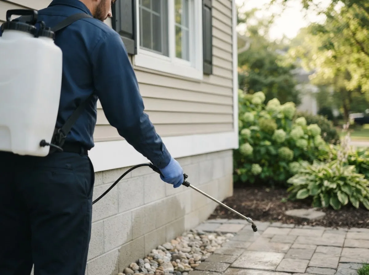 Pest control technician inspecting a home in Kennedale, TX